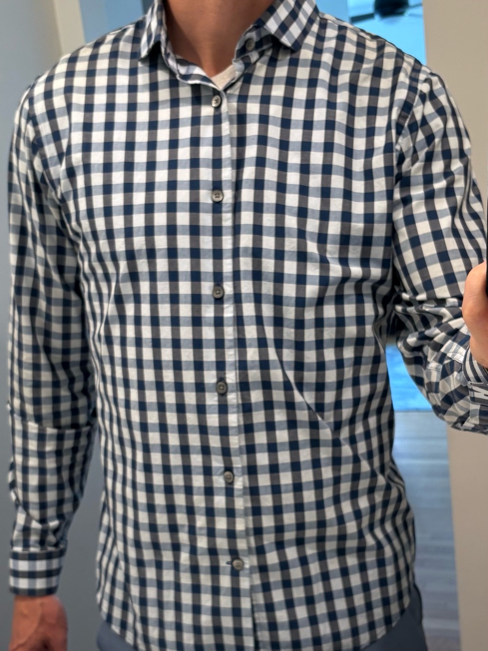 Express Men's Extra Slim Blue and White Checked Button-Down Shirt